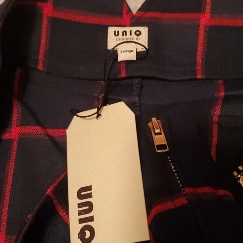 Uniq Plaid Navy Red Golden‎ Zipup Dressy Mini Skirt Large NWT